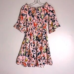LULUs floral pink off shoulder ruffle spring tea party mini dress bell sleeve xs